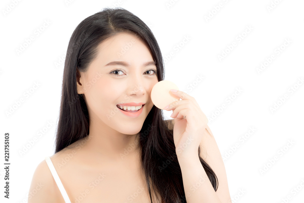 Portrait of beautiful asian woman applying powder puff at cheek makeup of cosmetic, beauty of girl with face smile isolated on white background, wellness and healthcare concept. Portrait of beautiful asian woman applying powder puff at cheek makeup of cosmetic, beauty of girl with face smile isolated on white background, wellness and healthcare concept.