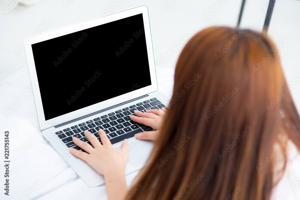 Closeup young asian woman using laptop for leisure on bedroom, girl working online with notebook freelance, business concept, top view. Closeup young asian woman using laptop for leisure on bedroom, girl working online with notebook freelance, business concept, top view.