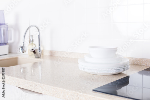 Kitchen white interior with granite countertop