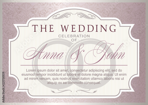 wedding invitation template. silver and pearl-pink color, elegant, luxurious with baroque ornament (congratulation, postcard, banner, invitation)
