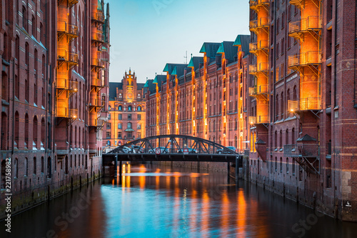 Hamburg Speicherstadt at twilight, Germany photo