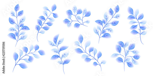 Blue watercolor style vector leaves set on white background