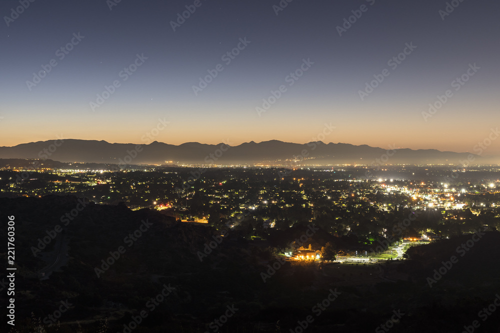 Dawn view of the San Fernando Valley in Los Angeles, California.  Show from the Santa Susana Mountains looking east towards the San Gabriel Mountains.
