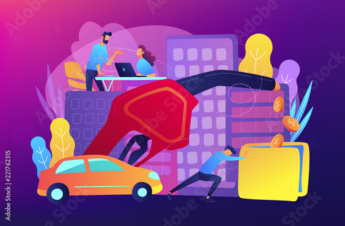 People losing money by using gas fuel cars. Gas mileage, fuel saving and efficient green eco friendly engine technology concept. Violet palette. Vector illustration on ultraviolet background.