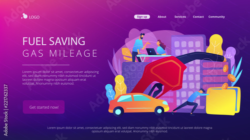 People losing money by using gas fuel cars. Fuel saving and gas mileage landing page. Fuel economy and efficient green eco friendly engine technology. Vector illustration on ultraviolet background.