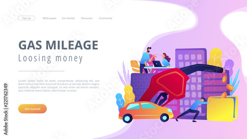 People spending money on using gas fuel cars. Gas mileage and losing money landing page. Efficient green eco friendly engine technology, violet palette. Vector illustration on background.