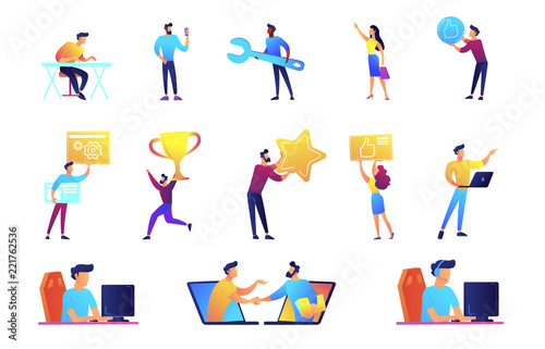 Businessmen and IT specialists set. Freelance web designer, developer, programmer, online communication, achievement, manager with laptop. Vector illustrations set isolated on white background.