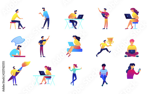 IT specialists and designers vector illustrations set. Programmers, freelance designers, manager, developer, lecture and conference speaker. Vector illustrations set isolated on white background.