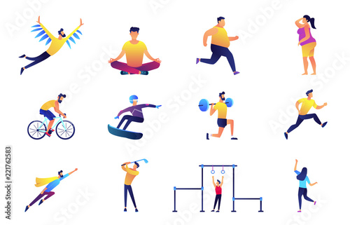 Sport and lifestyle vector illustrations set. Gym, cycling, snowboarder, wightlifter jogging, yoga athletics, dancing, superhero, diet. Vector illustrations set isolated on white background.