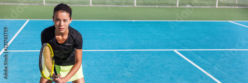 Tennis playing woman. Tennis class outdoor lesson. Sport player blue hard court banner panorama. © Maridav