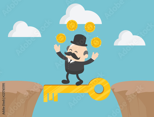 Concept vector illustration, The boss businessman walking between cliffs with magic keys.and money he sought with pleasure.