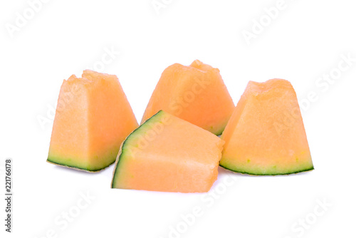 sliced japanese melons, orange melon or cantaloupe melon with seeds isolated on white background