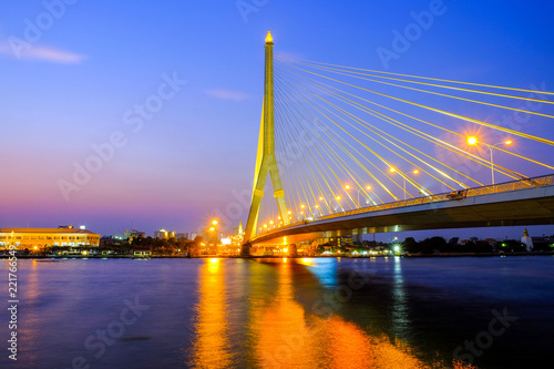 Rama VIII Bridge with beautiful in twilight sky, Rama VIII Bridge with a length of 475 meters and 160 meters for crossing the Chao Phraya River, on Bangkok, Thailand