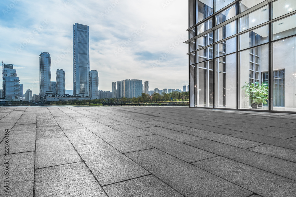 Panoramic skyline and buildings with empty square floor Panoramic skyline and buildings with empty square floor