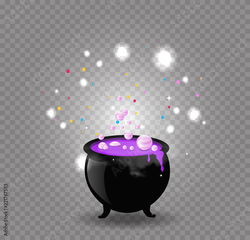 Black witch cauldron with pink potion, sparkles and bubbles isolated