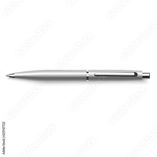 Realistic silver ball pen with soft shadow. Vector