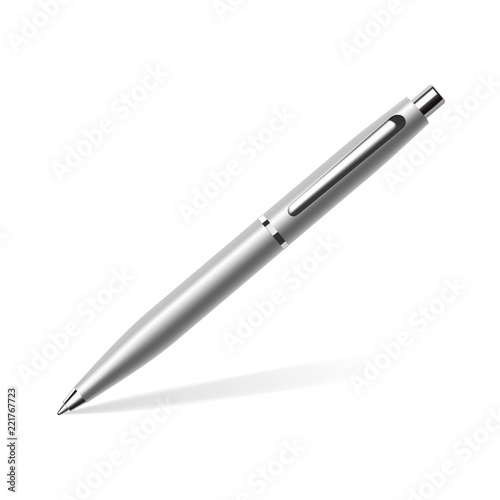 Realistic silver ball pen with soft shadow. Vector