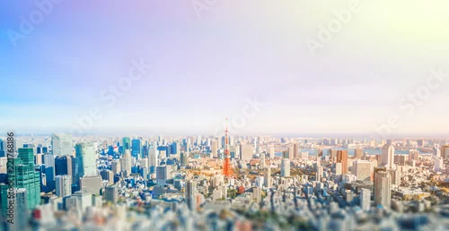 Obraz panoramiczny nowoczesny panoramę miasta z lotu ptaka pod błękitne niebo w Tokio, Japonia