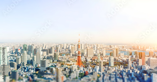 panoramic modern city skyline aerial view under blue sky in Tokyo  Japan