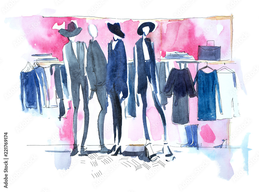 Shopping woman in clothing store Watercolor illustration