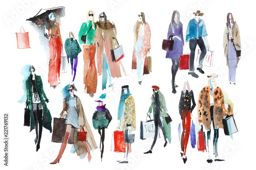 Hand drawn watercolor people with shopping bags. Fashion, sale.