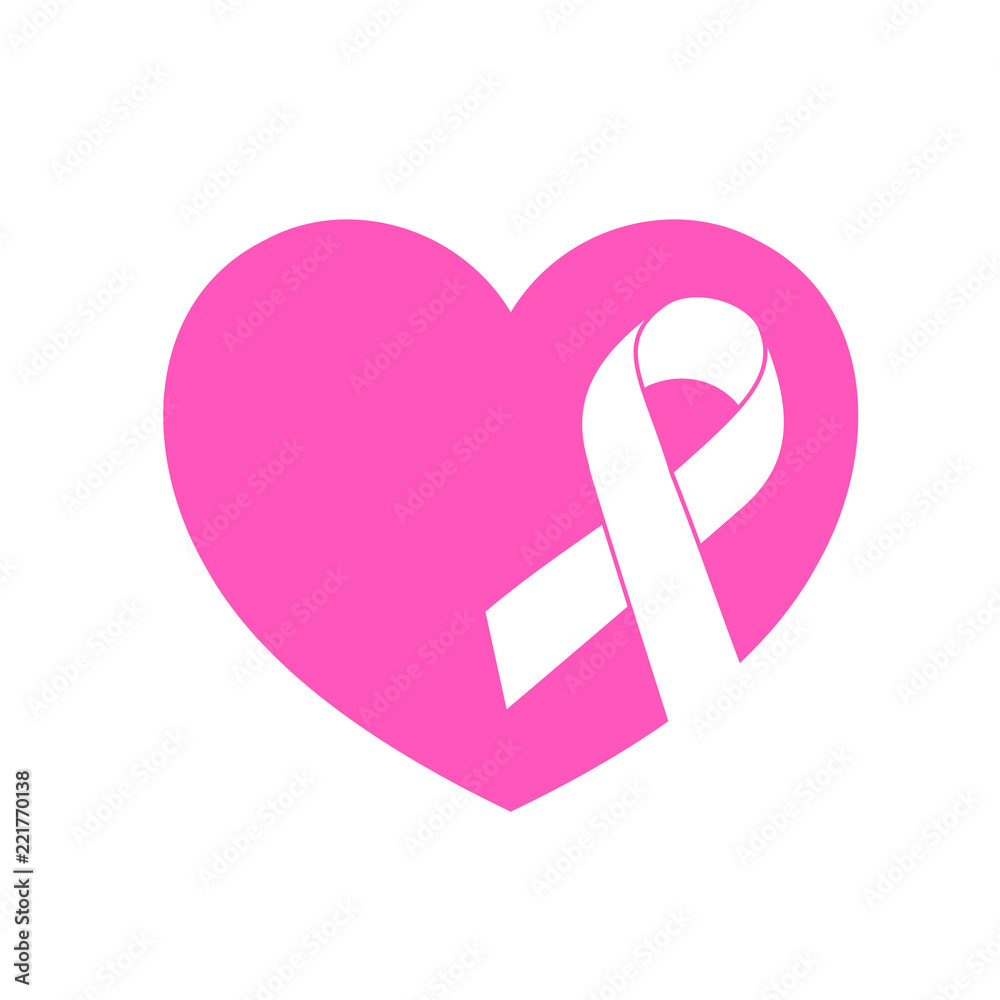 Breast cancer awareness, pink heart and ribbon in a circle of