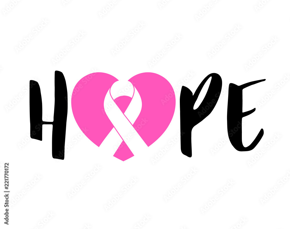 Hope lettering design with ribbon in pink heart. Breast Cancer Awareness Month Campaign. For poster, banner and t-shirt. Vector Illustration isolated on white background. Hope lettering design with ribbon in pink heart. Breast Cancer Awareness Month Campaign. For poster, banner and t-shirt. Vector Illustration isolated on white background.