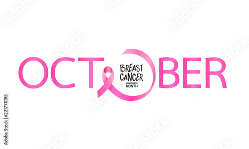 October lettering design with pink ribbon. Breast Cancer Awareness Month Campaign. For poster, banner and t-shirt. Vector Illustration isolated on white background.
