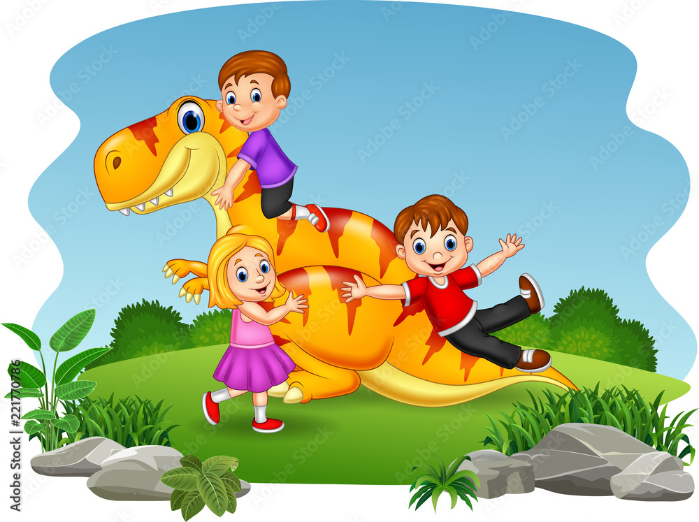 Cartoon little kid playing on the dinosaur