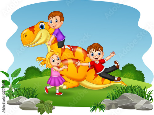 Fototapeta Naklejka Na Ścianę i Meble -  Cartoon little kid playing on the dinosaur