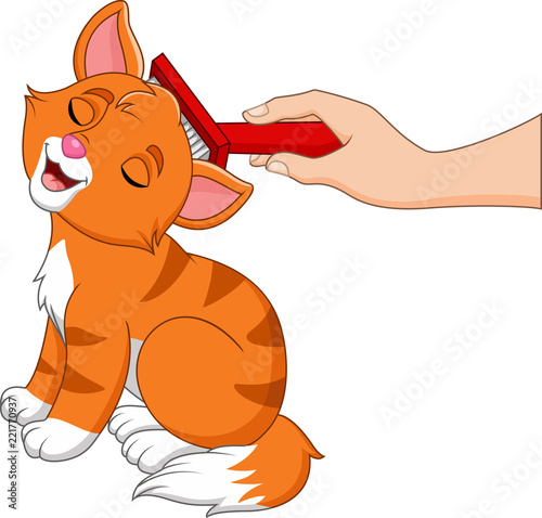 Cartoon hand brushing cat with a comb