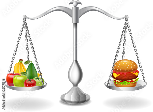 Cartoon fruits and hamburger balance on the scale photo