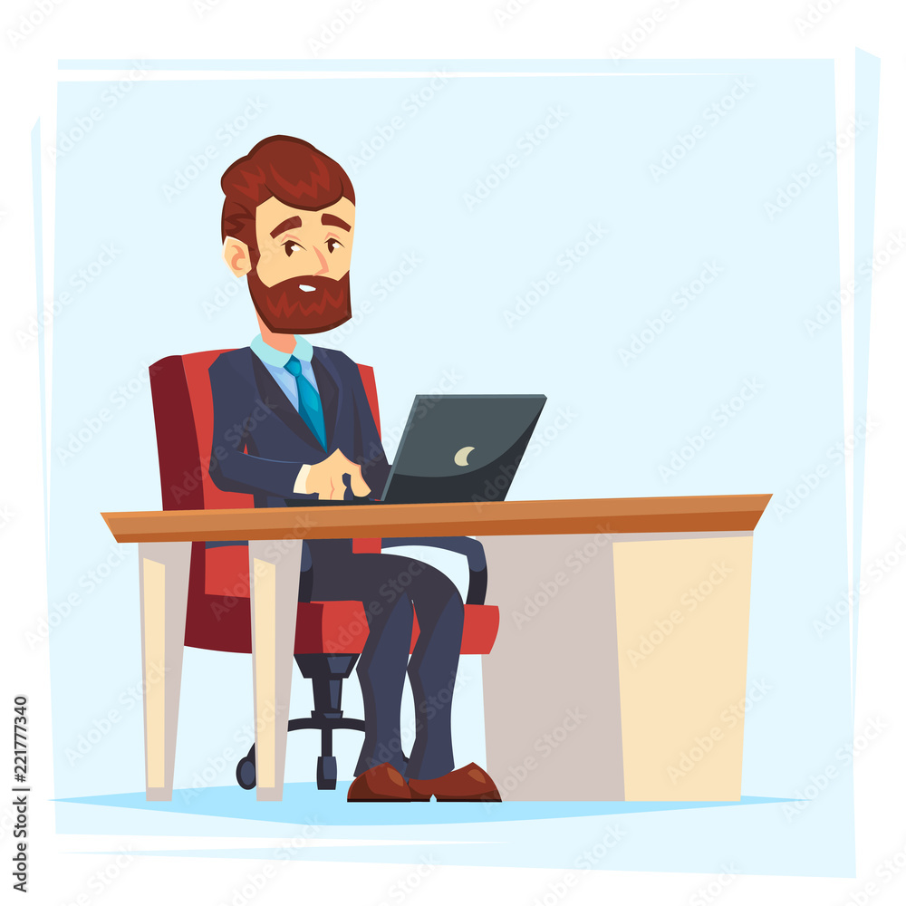 Businessman Working at Office Table. Flat cartoon Design Style. Vector illustration of Cartoon Big Boss with Workspace, Table and Computer