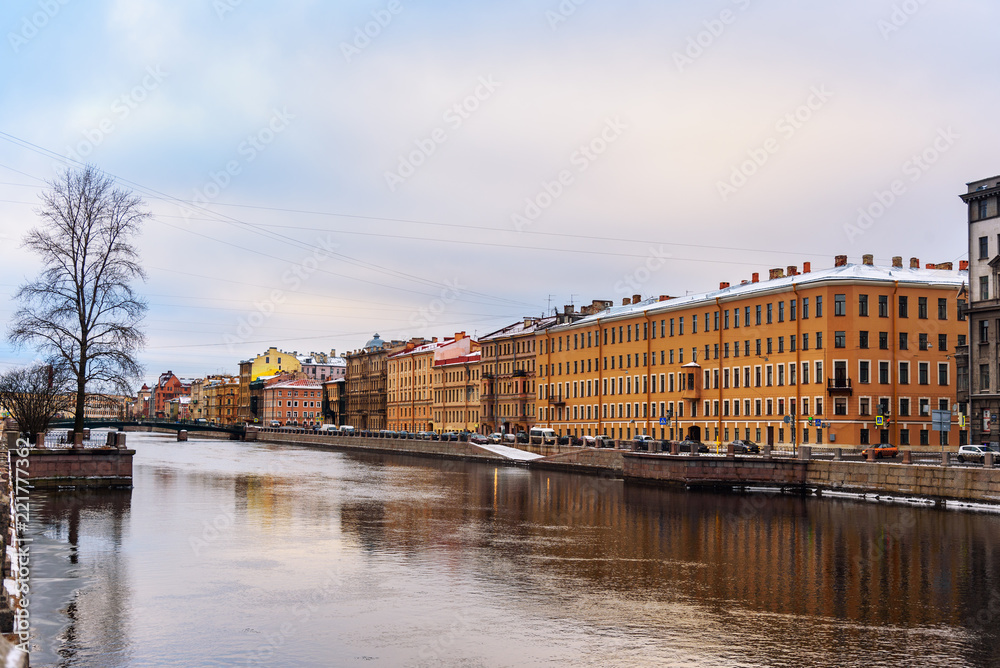 Embankment of Fontanka River and Krasnoarmeysky bridge in Saint Petersburg, Russia