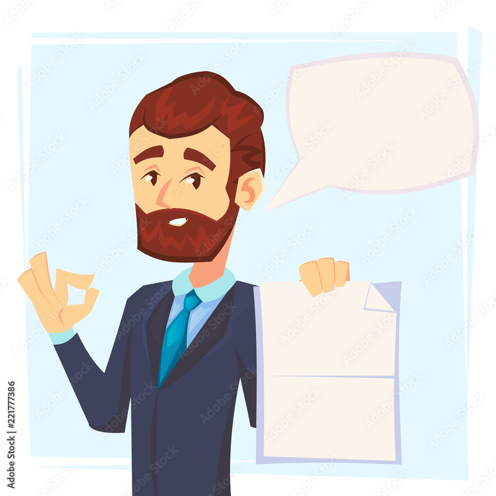 Handsome manager in formal suit holding a blank sheet and ok finger to it with speech bubble. Template for your text. Cartoon character - cute businessman. Vector illustration in flat design. Handsome manager in formal suit holding a blank sheet and ok finger to it with speech bubble. Template for your text. Cartoon character - cute businessman. Vector illustration in flat design.