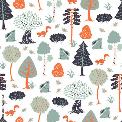 Seamless Pattern with Forest Elements and Animals. Vector Illustration in Doodle Style.