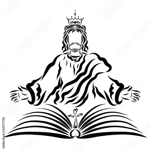 The Lord Jesus in the Crown with an open book and a cross