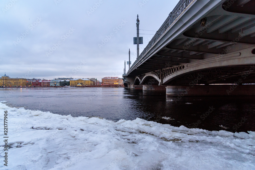 View of Annunciation Bridge from English Embankment in winter. Saint Petersburg. Russia