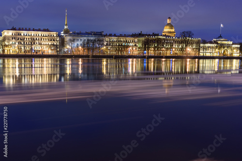 Admiralty embankment and St Isaac's Cathedral at night. Saint Petersburg. Russia