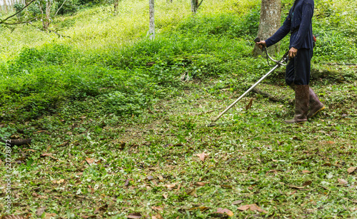 A farmer is cutting grass in his farm by lawn mower