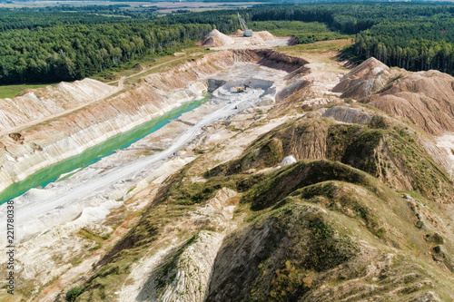 Quarry for the extraction of gypsum. Extraction of minerals by the open method. Aerial view