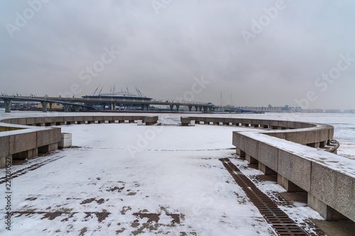 View of Stadium Zenith Arena and Western High-Speed Diameter from Park of the 300th anniversary of St. Petersburg in winter. Saint Petersburg, Russia © Elena Odareeva