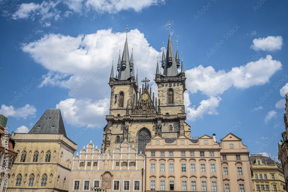 Old Town Square and Church of Mother of God in Prague, Czech Republic. Architecture and landmark of Prague.