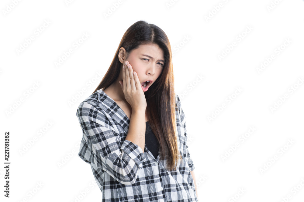 Studio shot of young beautiful Asian girl suffering with toothache isolated on white background Studio shot of young beautiful Asian girl suffering with toothache isolated on white background