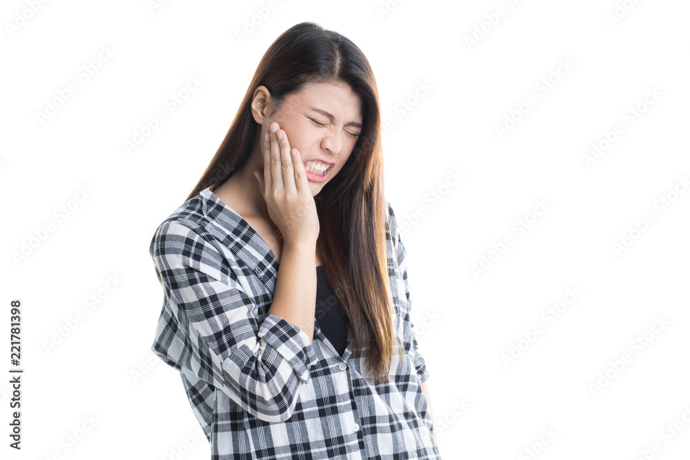 Studio shot of young beautiful Asian girl suffering with toothache isolated on white background Studio shot of young beautiful Asian girl suffering with toothache isolated on white background
