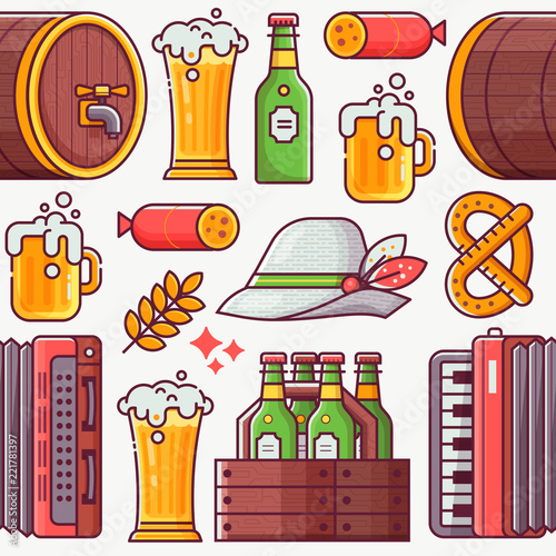 Beer fest pattern with craft beer, bavarian hat, mug, accordion and other beer festival and brewing symbols. Oktoberfest seamless background in line art.