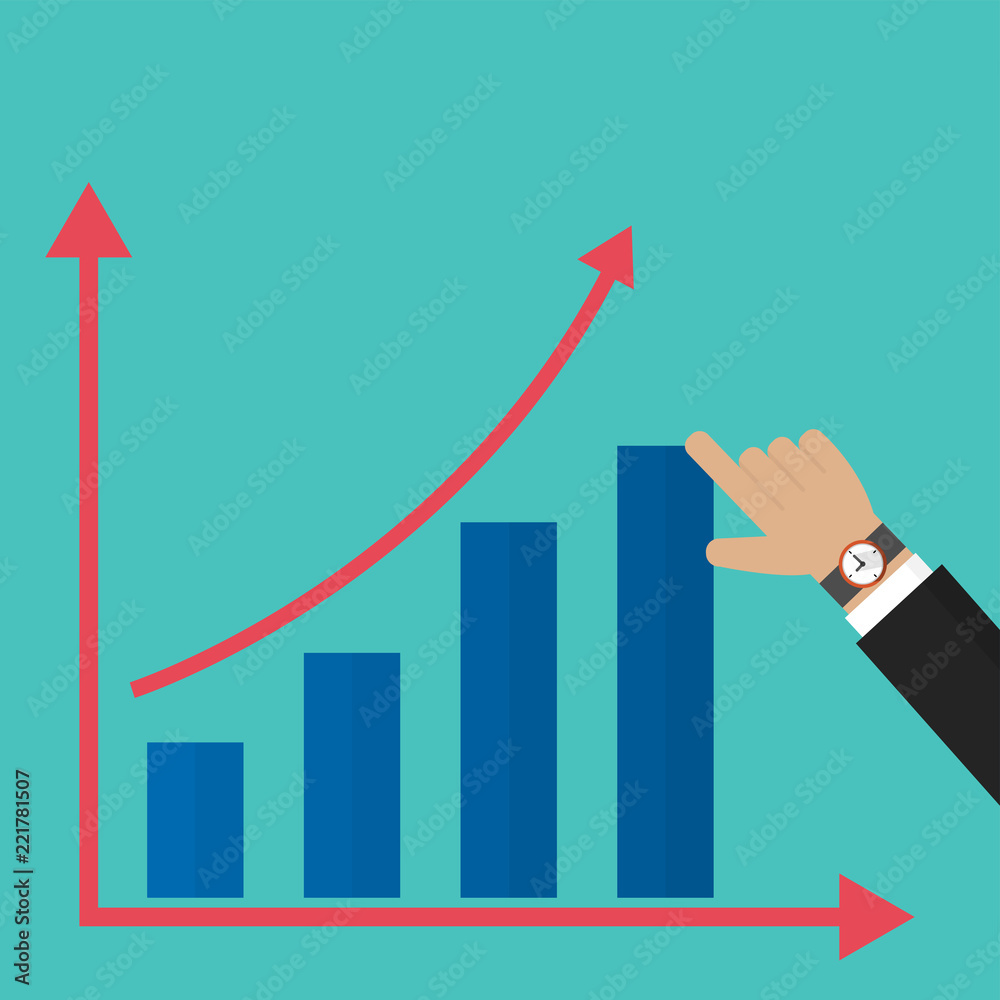 Hand business show graph. Chart with hand pushing the tallest bar vector Hand business show graph. Chart with hand pushing the tallest bar vector