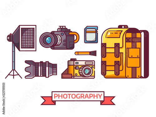 Digital photography icon set with professional photographer equipment. Such as camera, lens, softbox, cleaning kit and photo bag. Photo studio icons and elements.