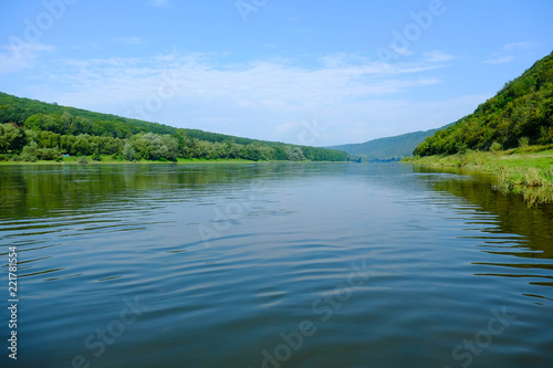 Top summer view of the Dnister river bend canyon (Ustechko, Ternopil region, Ukraine, Europe).