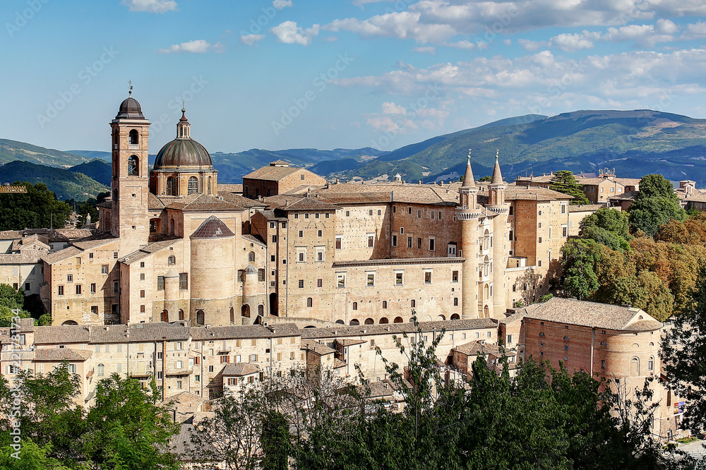 Urbino, Italy, ducal palace and city skyline, ancient and historical medieval city